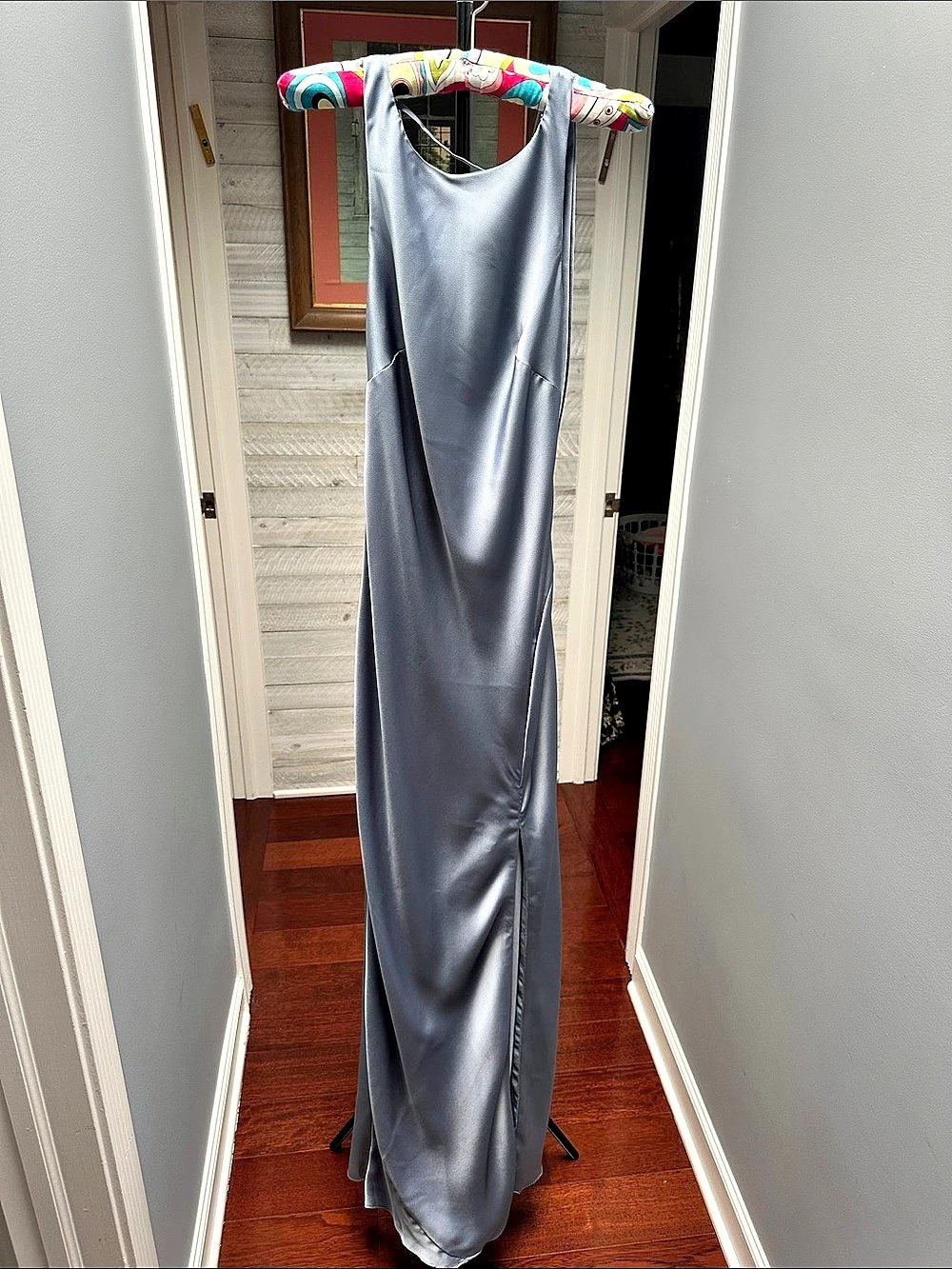 Azazie Stretch Satin Dusty Blue Maxi Dress